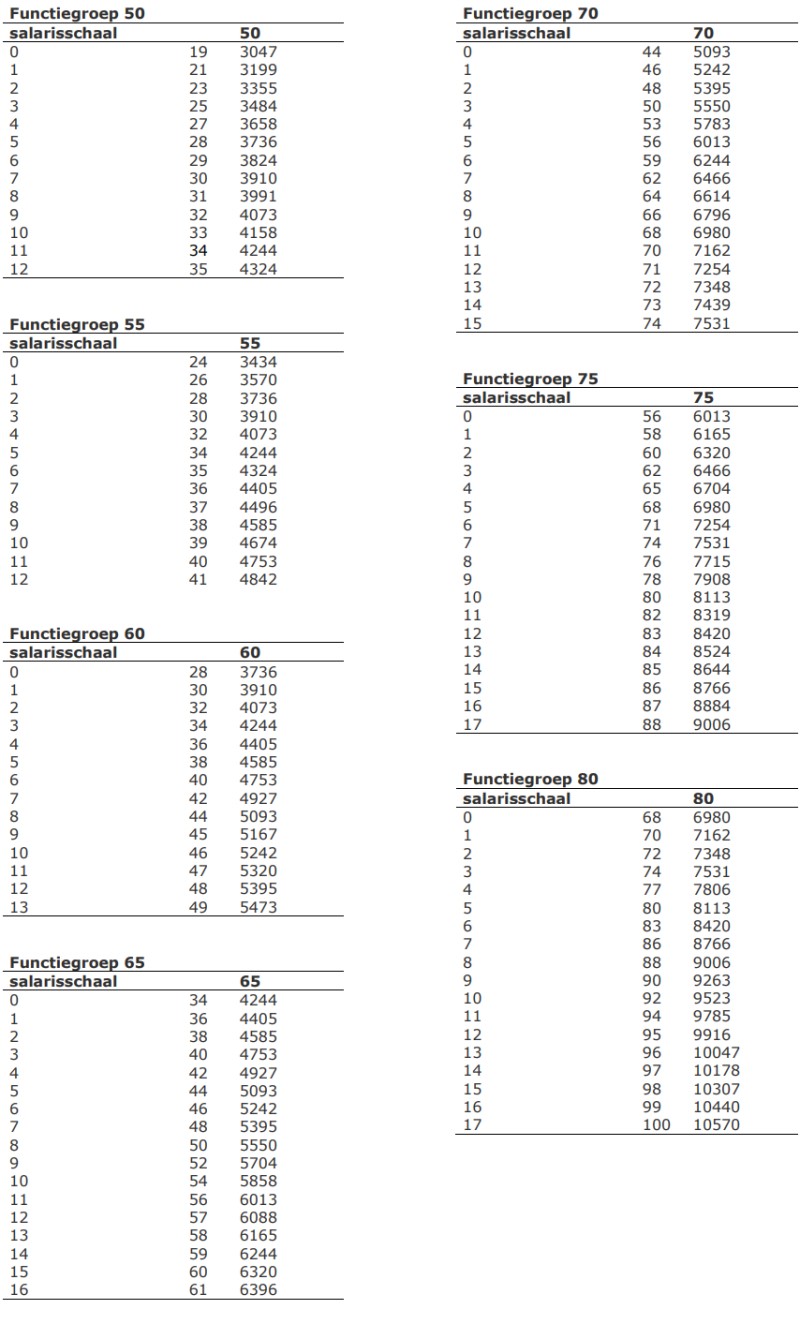 Salarissen per functiegroep  per 01-12-2023 (in euro)